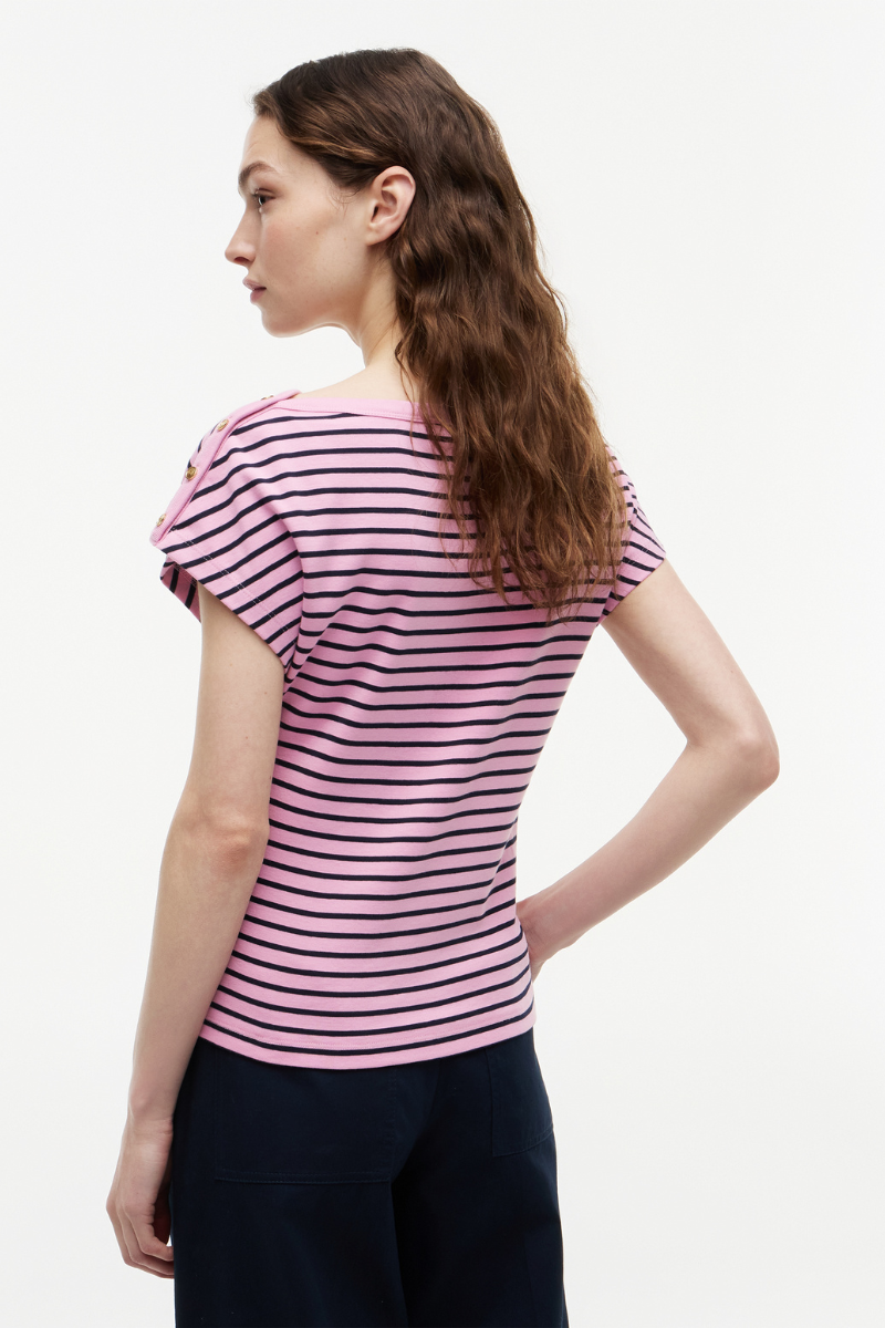 Gold-Tone Button Boat Neck T-Shirt