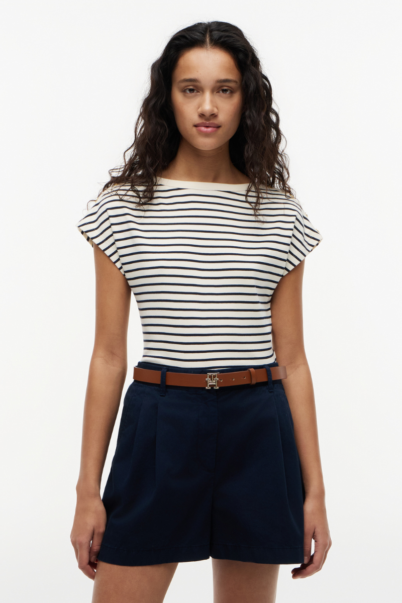 Gold-Tone Button Boat Neck T-Shirt