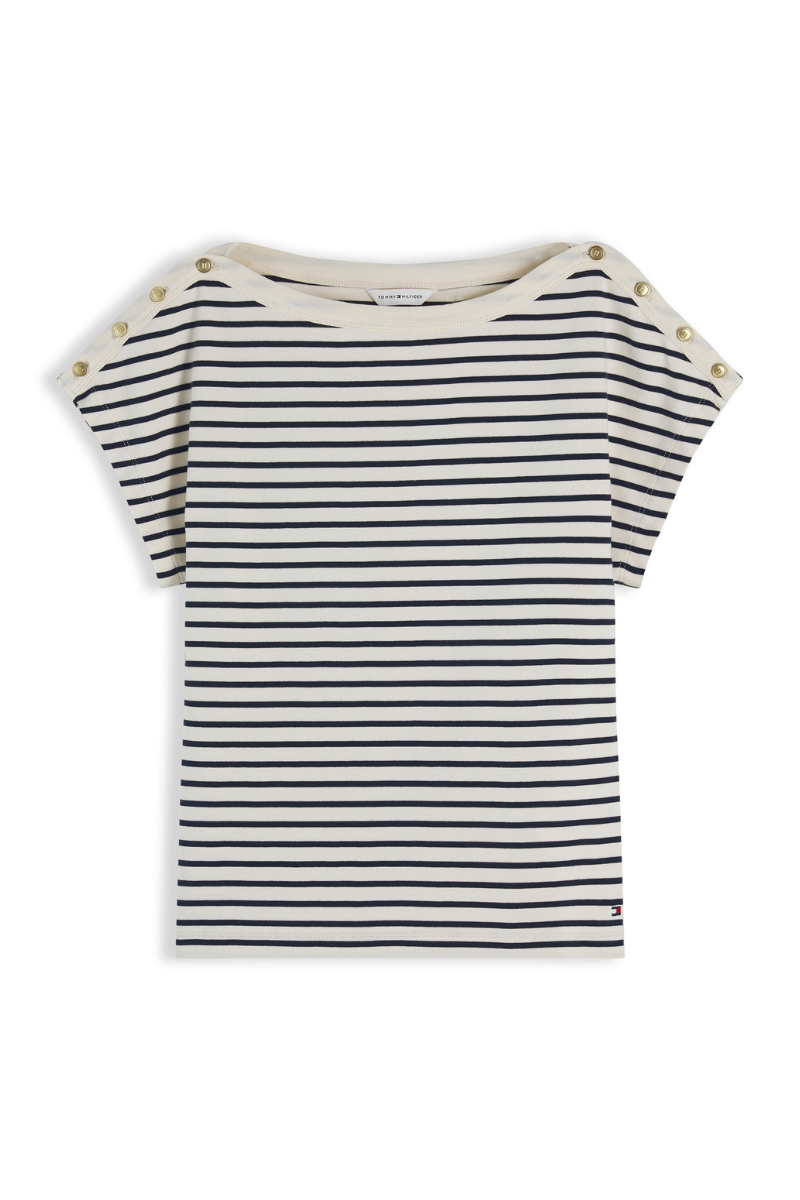 Gold-Tone Button Boat Neck T-Shirt