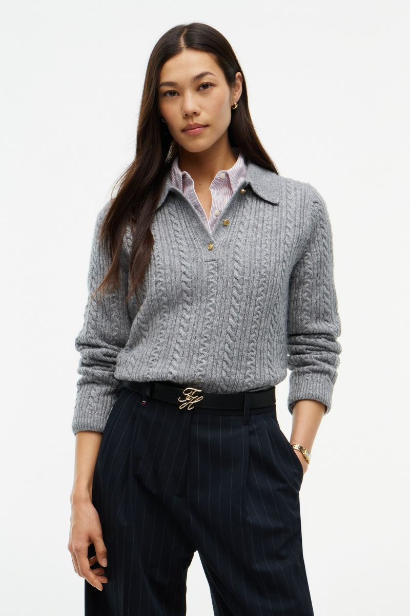Long Sleeve Polo Cable Sweater