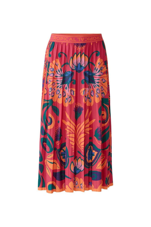 Oui Pleated Skirt. A midi length pleated skirt with pink/orange bold print.