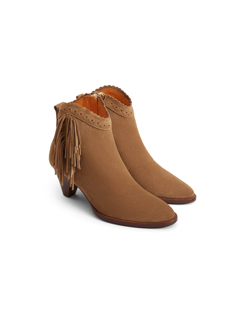 Fairfax & Favor Fringed Regina Ankle Boot. A pair of tan ankle boots with fringe detail and block heel.