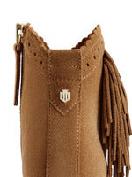 Fairfax & Favor Fringed Regina Ankle Boot. A pair of tan ankle boots with fringe detail and block heel.