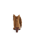 Fairfax & Favor Fringed Regina Ankle Boot. A pair of tan ankle boots with fringe detail and block heel.