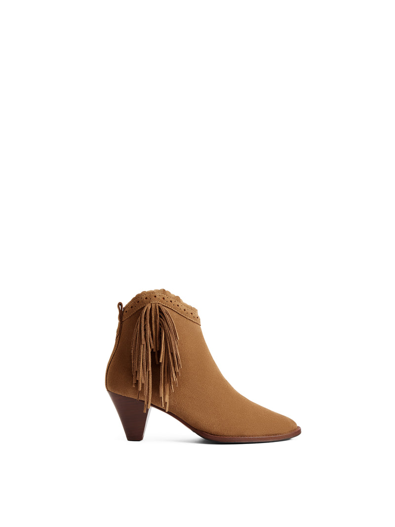 Fairfax & Favor Fringed Regina Ankle Boot. A pair of tan ankle boots with fringe detail and block heel.