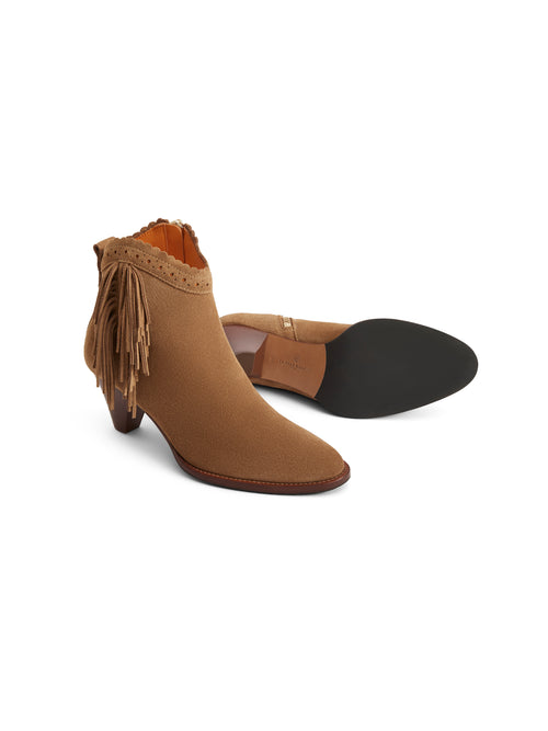 Fairfax & Favor Fringed Regina Ankle Boot. A pair of tan ankle boots with fringe detail and block heel.