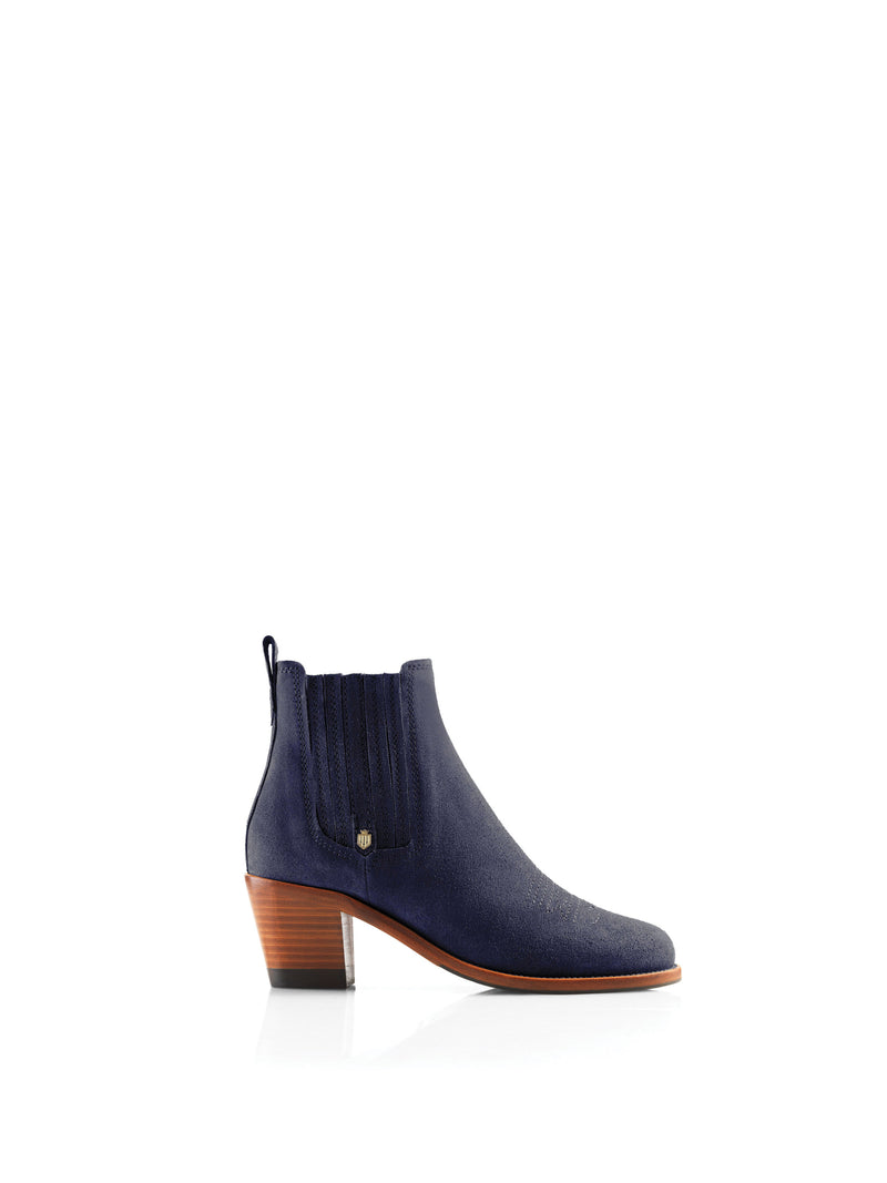 Fairfax & Favor Rockingham Boot. A pair of ankle boots with heel, suede outer, Fairfax & Favor logo. This boot is in the colour Ink.