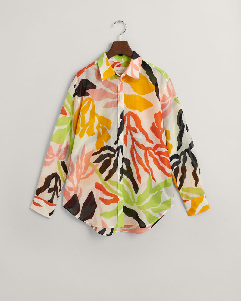 An image of the Gant Relaxed Fit Palm Print Cotton Silk Shirt in the colour Medal Yellow..