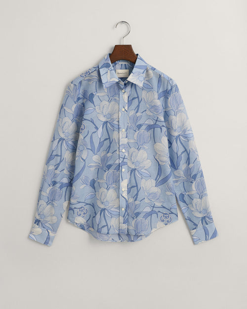 An image of the Gant Regular Fit Magnolia Print Cotton Silk Shirt in the colour Dove Blue.