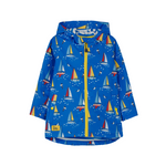 Lighthouse Ethan Jacket. A waterproof boy's jacket with a soft jersey lining, zip-up front, and a cool blue boat design.