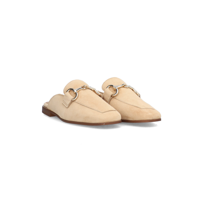 Alpe Suede Slip On Loafer in sand colour with a backless design and decorative gold chain on the front.