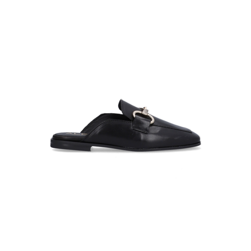 Alpe Leather Slip On Loafers in black with a backless design and decorative chain on the front.