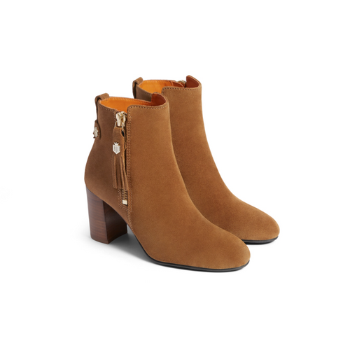 Fairfax & Favor Oakham Suede Ankle boot. A tan boot with heel, zip tassel, and logo shield detail.