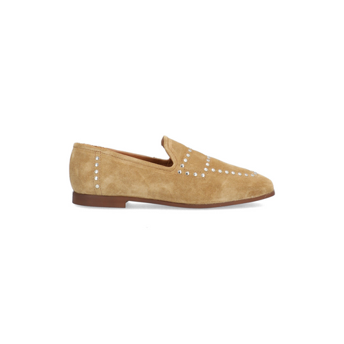 Alpe Suede Loafer in sand colour with decorative stud detail on the front.