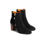 Fairfax & Favor Oakham Suede Ankle boot. A black boot with heel, zip tassel, and logo shield detail.