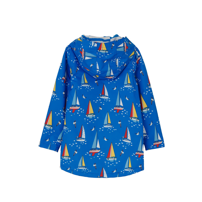 Lighthouse Ethan Jacket. A waterproof boy's jacket with a soft jersey lining, zip-up front, and a cool blue boat design.