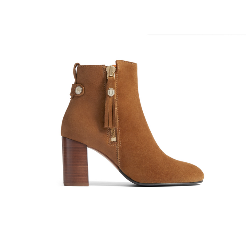Fairfax & Favor Oakham Suede Ankle boot. A tan boot with heel, zip tassel, and logo shield detail.