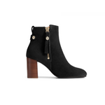 Fairfax & Favor Oakham Suede Ankle boot. A black boot with heel, zip tassel, and logo shield detail.