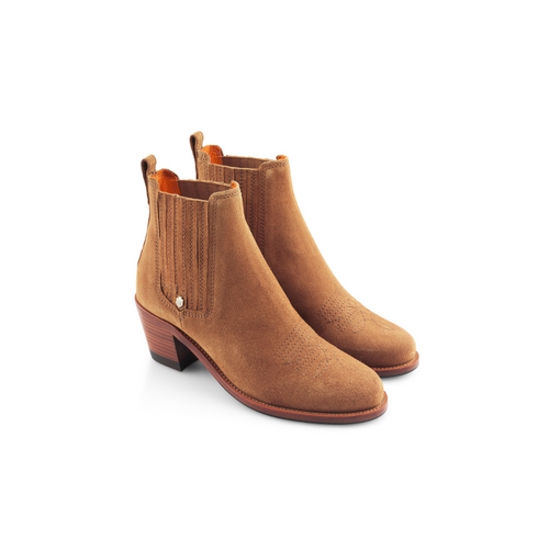 Fairfax & Favor Rockingham Boot. A pair of ankle boots with heel, suede outer, Fairfax & Favor logo. This boot is in the colour Tan.