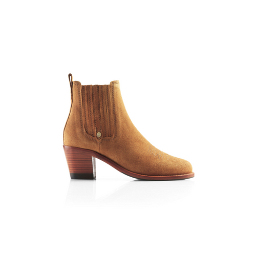 Fairfax & Favor Rockingham Boot. A pair of ankle boots with heel, suede outer, Fairfax & Favor logo. This boot is in the colour Tan.