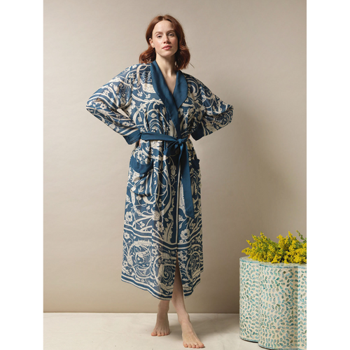 One Hundred Stars Jaipur Blue Gown. A cosy, midi-length dressing gown with a belt tie at the waist, long sleeves, and an all-over intricate design.