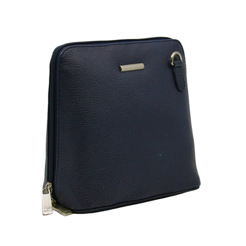 Nova Small Square Bag. A small crossbody bag made from leather, with full zip closure, in the colour navy.