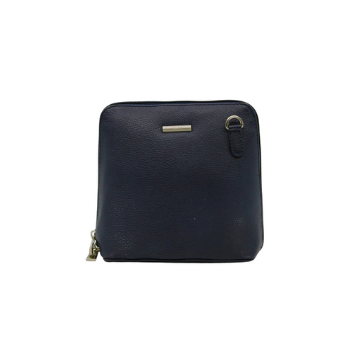 Nova Small Square Bag. A small crossbody bag made from leather, with full zip closure, in the colour navy.
