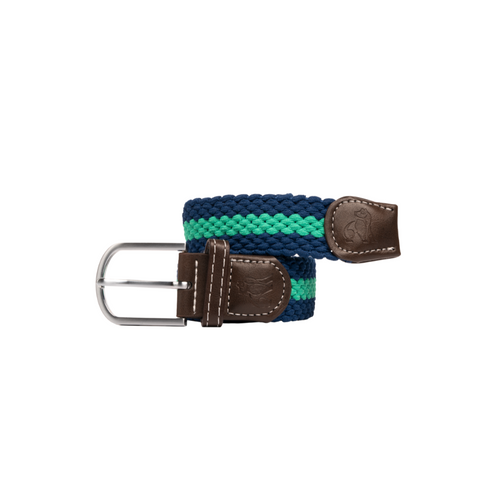 Swole Panda Stripe Woven Belt. A vibrant men's belt with a navy woven design with a green stripe in the middle.
