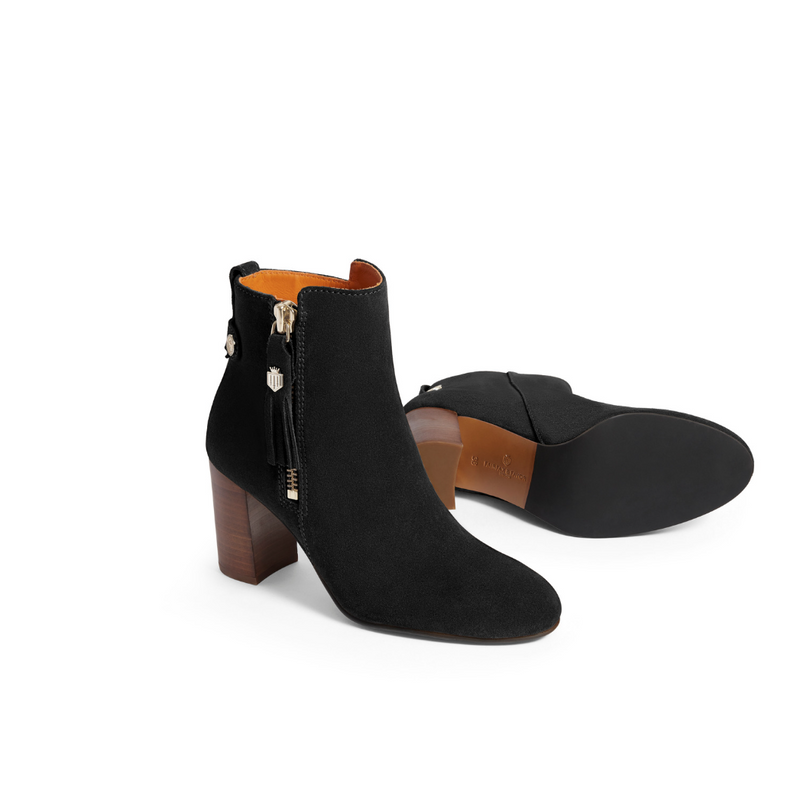 Fairfax & Favor Oakham Suede Ankle boot. A black boot with heel, zip tassel, and logo shield detail.