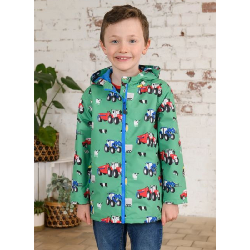 Lighthouse Ethan Jacket. A waterproof boy's jacket with a soft jersey lining, zip-up front, and a cool green tractor design.