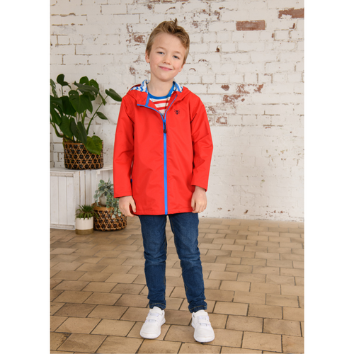 Lighthouse Ethan Jacket. A waterproof boy's jacket with a soft jersey lining, zip-up front, and a cool red design.