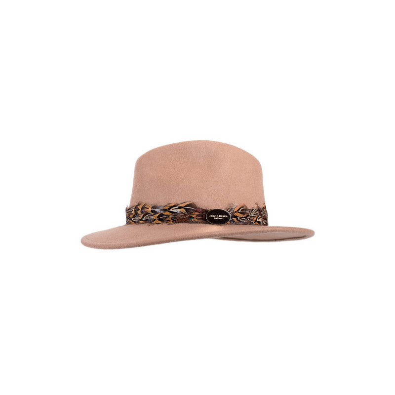 An image of the Hicks & Brown The Suffolk Fedora in Camel (Pheasant Feather Wrap)