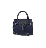 Fairfax & Favor The Mini Windsor. A mini windsor handbag with crossbody strap and tassel details. Suede and leather in the colour Navy.