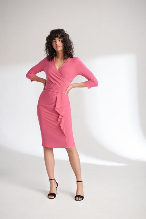 An image of a female model wearing the Joseph Ribkoff 3/4 Sleeve Midi Dress in the colour Raspberry.