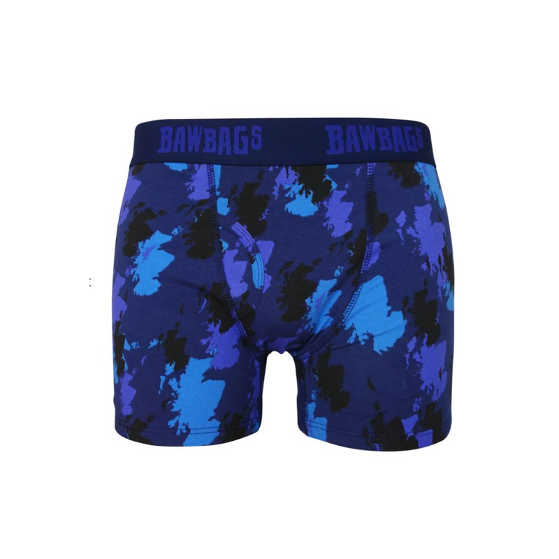 An image of the Bawbags Scotland Camo Boxers with purple and blue print.